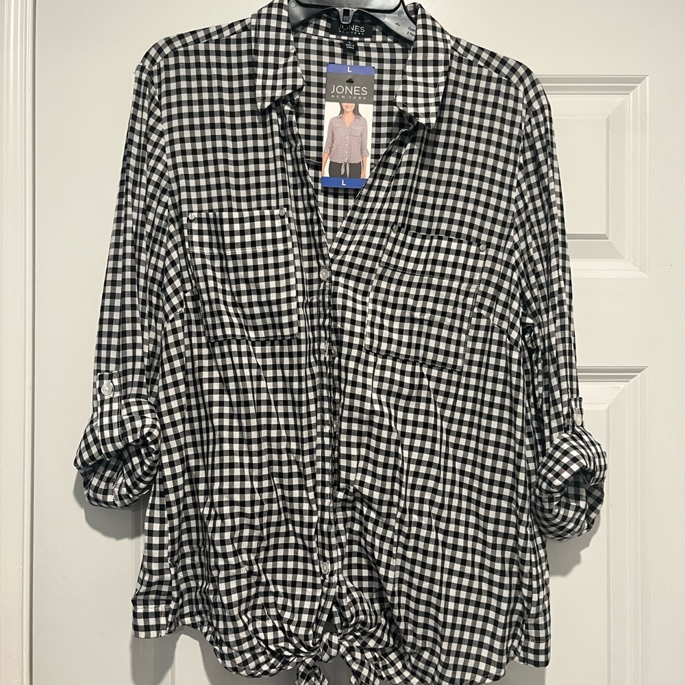 Jones New York Black and White Gingham Button Down Shirt